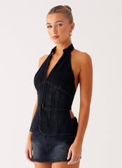 Esma Halter Top - Washed Dark Blue