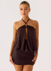Jisoo Halter Mini Dress - Cool Chocolate